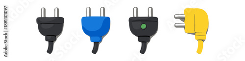 Four colorful electrical plugs with different designs and colors on a white background