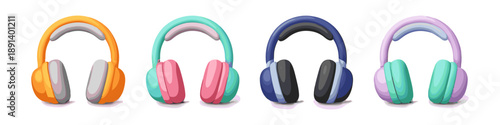 Collection of four colorful cartoon headphones on a white background