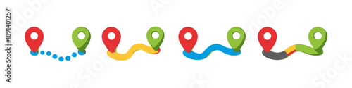 Collection of route map pins showing different paths and directions on a white background