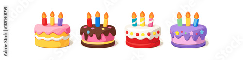 Collection of four colorful cartoon birthday cakes with lit candles on a white background