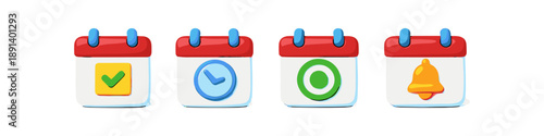 Set of four calendar icons representing tasks, time, goals, and notifications
