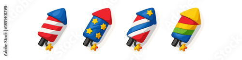 Collection of four colorful cartoon fireworks rockets with festive designs