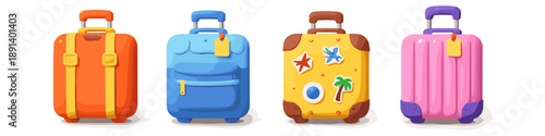 Collection of four colorful wheeled suitcases with handles and travel stickers