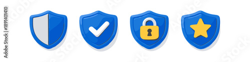 Collection of blue shields with security and quality icons on white background