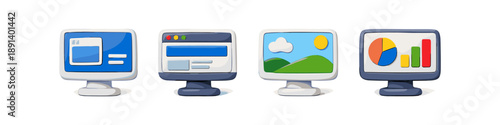 Four cartoon computer monitors displaying different content like web pages, landscapes, and charts