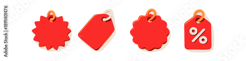 Collection of four red sale tags with different shapes and a percentage sign