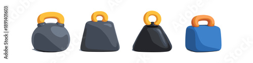 Collection of stylized weights and kettlebells with colorful handles on a white background