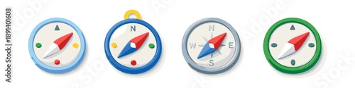 Collection of four colorful cartoon compasses showing direction and navigation