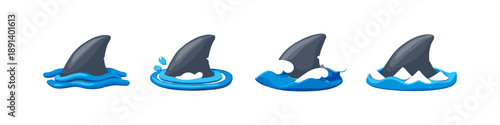 Set of four cartoon shark fins emerging from blue water with waves
