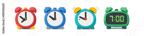 Collection of four colorful alarm clocks showing different times and one digital display