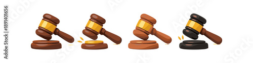 Collection of four cartoon gavel icons representing legal proceedings and auctions