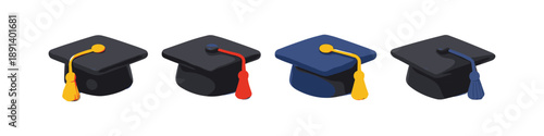 Four graduation caps with different colored tassels on a white background