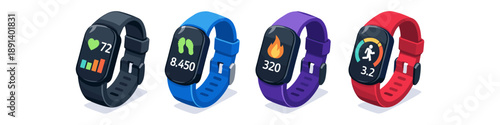 Four colorful fitness trackers displaying health and activity data on white background