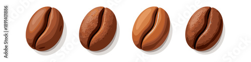 Four roasted coffee beans in a row, isolated on a white background