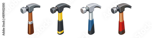 Collection of four distinct claw hammers with varied handle colors and designs