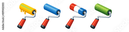 Collection of colorful paint rollers with red handles, isolated on white background