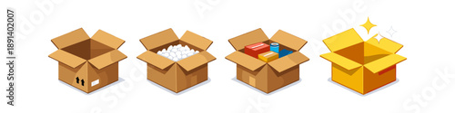 Four stages of cardboard box packing and delivery process illustrated