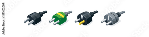Collection of four different electrical plugs in isometric view on white background