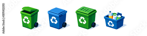 Collection of colorful recycling bins and containers for waste management and sustainability
