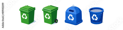 Collection of recycling bins and trash cans with recycling symbols in isometric view