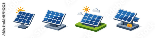 Collection of isometric solar panel illustrations with sun and clouds