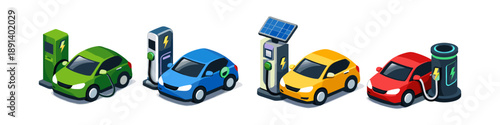 Electric cars charging at stations with different power sources including solar energy