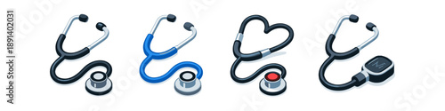 Collection of diverse stethoscopes in isometric view, symbolizing healthcare and medical care