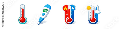 Collection of thermometers showing temperature measurement and weather conditions