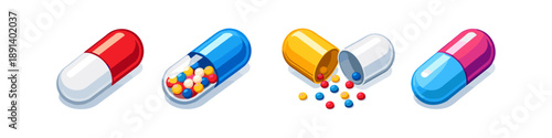 Assorted colorful medicine capsules and pills displayed in isometric view