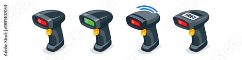 Set of four isometric barcode scanners showing different functions and states