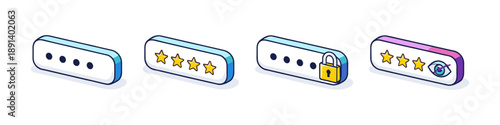 Four stages of password security and rating: dots, stars, lock, and eye icon