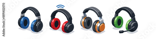 Collection of four colorful modern headphones with different designs and features