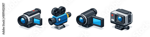 Collection of four different types of video cameras in isometric view