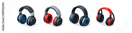 Collection of four modern headphones in different colors and styles, isolated on white background