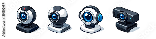 Collection of four different webcam icons with blue lenses and various designs