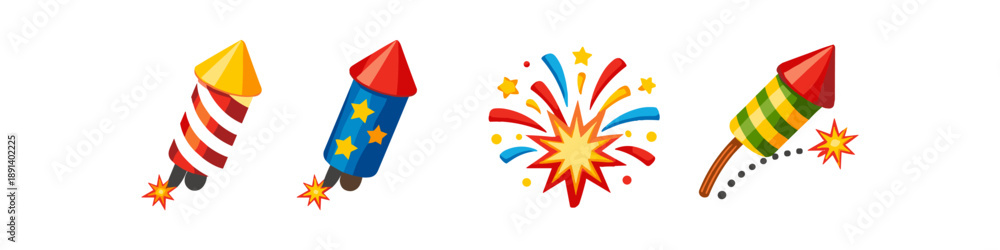 Fototapeta premium Collection of colorful cartoon fireworks rockets and explosions on a white background
