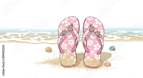 Whimsical beach escape depicted through floral flip-flops and decorative seashells scene