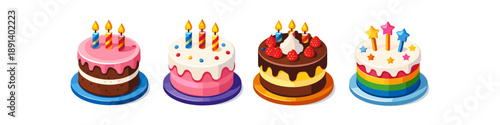 Collection of four colorful cartoon cakes with lit candles and decorations