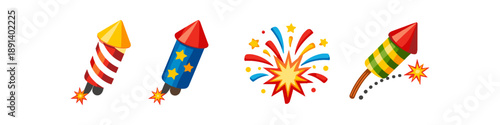 Collection of colorful cartoon fireworks rockets and explosions on a white background