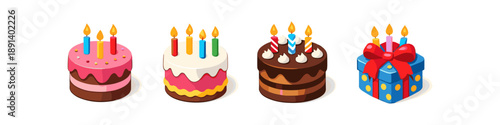 Collection of colorful birthday cakes and a gift box with lit candles