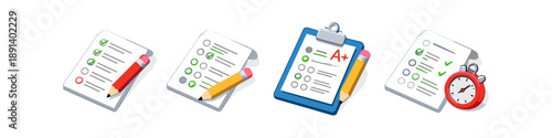 Checklist and assessment icons showing pencils, checkmarks, clipboard, grade A+ and timer