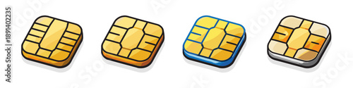 Collection of four different colored SIM cards with gold contacts on a white background