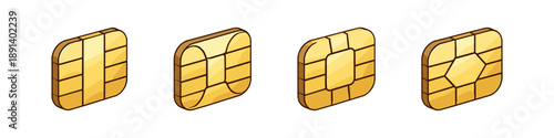 Collection of four different types of gold SIM cards with metallic contacts