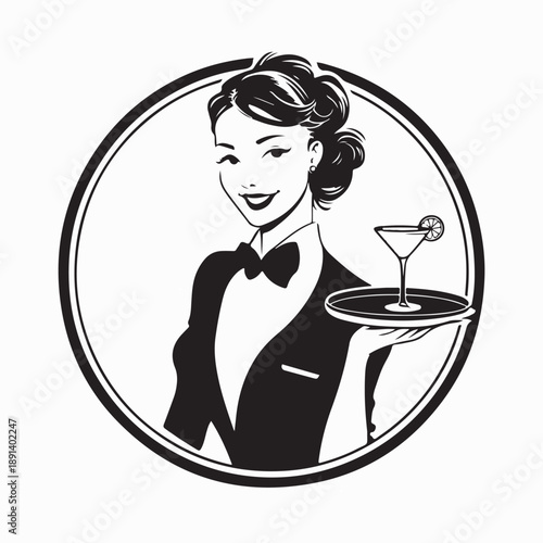 Portrait of Smiling Waitress Serving Cocktail Logo Vector isolated on White Background