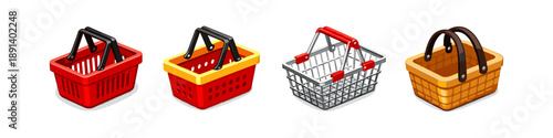Collection of four diverse shopping baskets, including plastic and metal designs