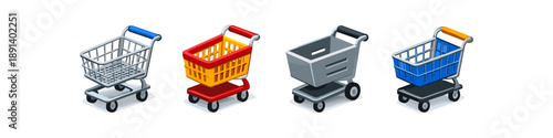 Collection of four diverse shopping carts in isometric view on a white background