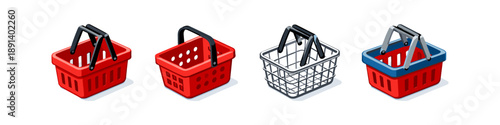 Collection of four diverse shopping baskets with handles, presented in isometric view
