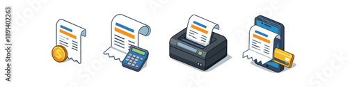 Financial transactions and accounting icons: receipt, calculator, printer, and mobile payment