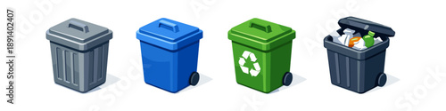 Collection of four colorful isometric trash cans and recycling bins