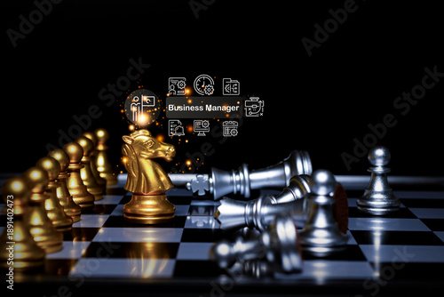 Golden chess knight symbolizes business leadership, strategy and smart decision making, with management icons representing modern corporate planning.